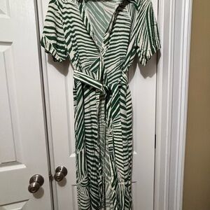 H&M Green and White Safari Striped Belted Maxi  Dress - Women